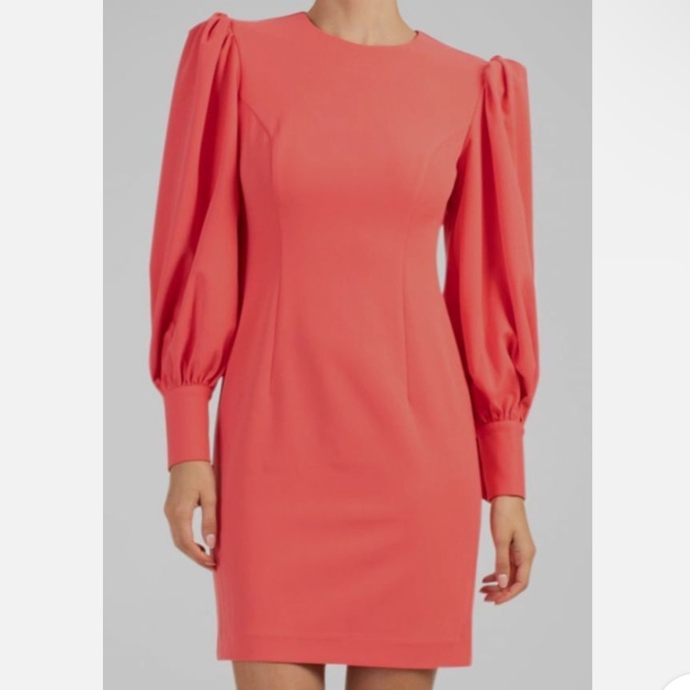Trina Turk Coral Incomparable Dress Sheath Ballon Bishop Button Sleeves Sz 2